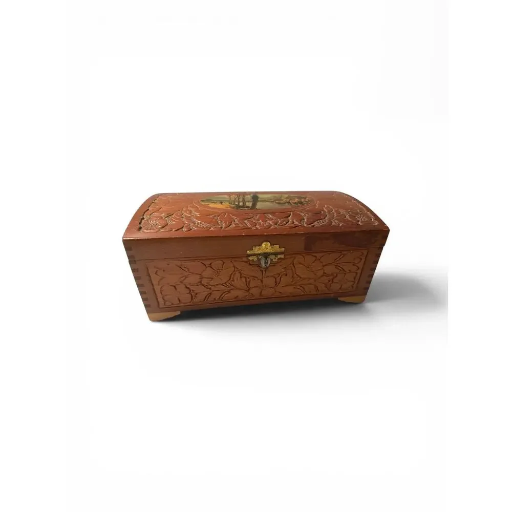 Vintage Hand Carved Cedar Trinket Jewelry Box Lot of 2 Glass Lid Wood Keepsake C